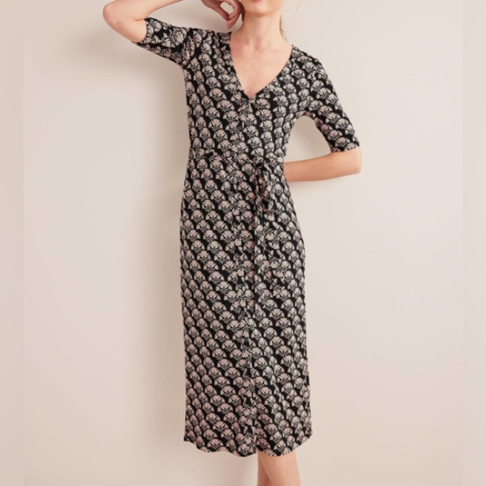 Boden Button Front Jersey Midi Dress in Black and Cream Floral size US 14/UK 18